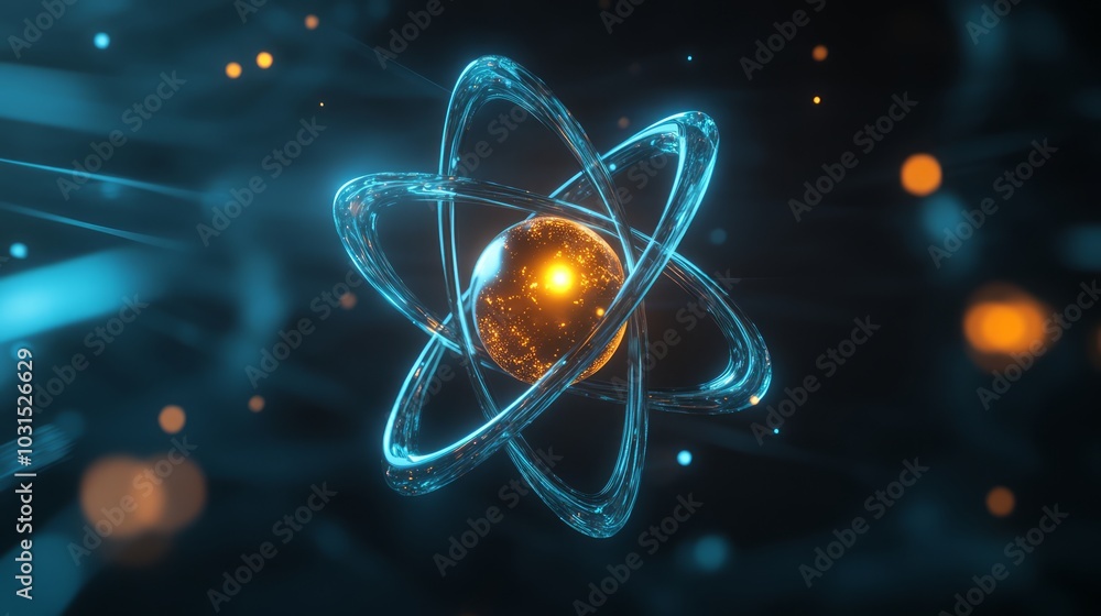 3d model of an atom with electrons orbiting the nucleus, symbolizing atomic structure and quantum physics. 3d model of an atom with electrons orbiting the nucleus, symbolizing atomic structure and quantum physics.