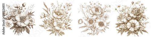 Wallpaper Mural Beautifully arranged vintage inspired floral bouquet featuring delicate peonies lush foliage and other botanical elements in a soft sepia toned color palette  This elegant romantic Torontodigital.ca