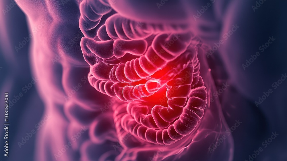 Fototapeta premium 3D Rendered Illustration of Human Intestines with Red Highlights for Medical, Scientific, and Anatomical Purposes.
