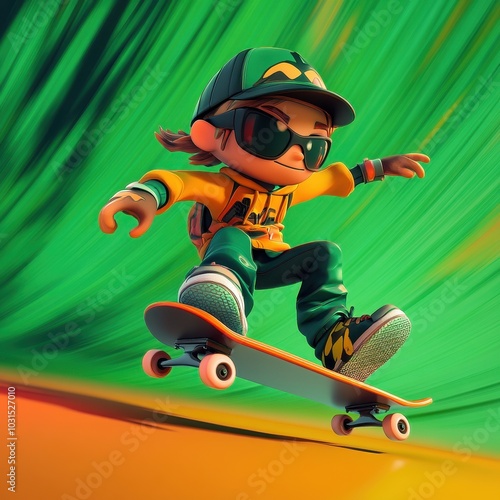 3D Illustration of Cool Cartoon Boy Skateboarding, Green and Orange Background. photo