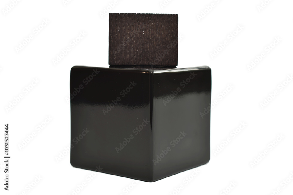Black square shaped cologne bottle on white background.