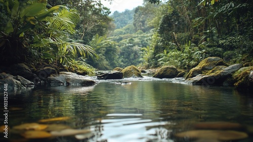 Peaceful Forest Stream with Lush Greenery and Stones