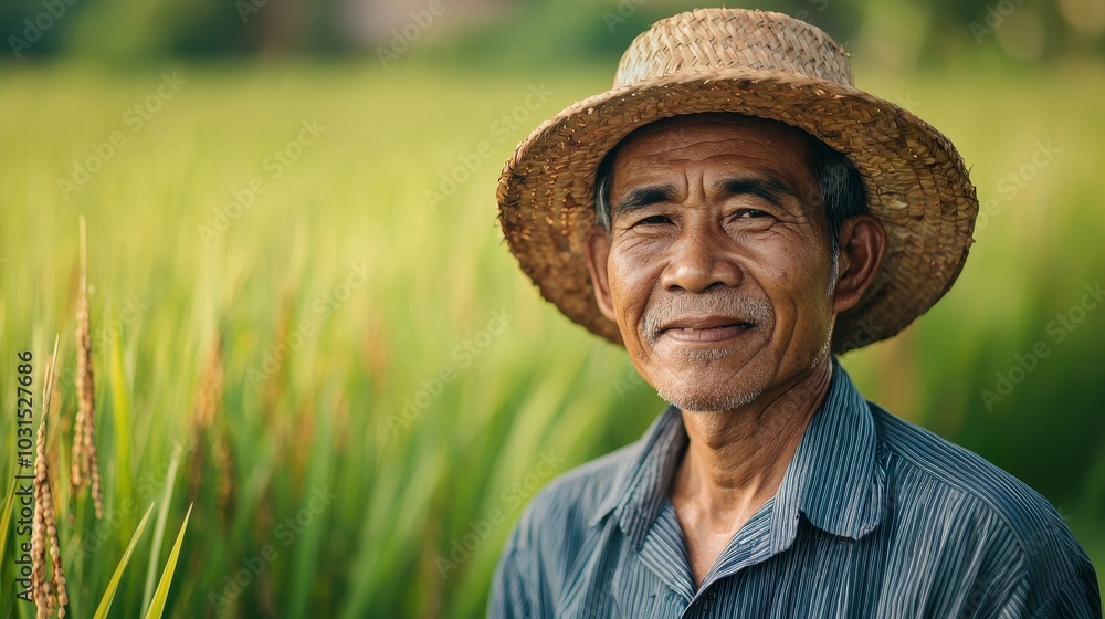 Fototapeta premium Farmer in Rice Field with Straw Hat Smiling