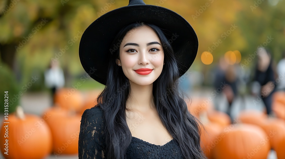 Charming autumn vibes a portrait of a young woman in a witch costume surrounded by pumpkins at a festive gathering Charming autumn vibes a portrait of a young woman in a witch costume surrounded by pumpkins at a festive gathering