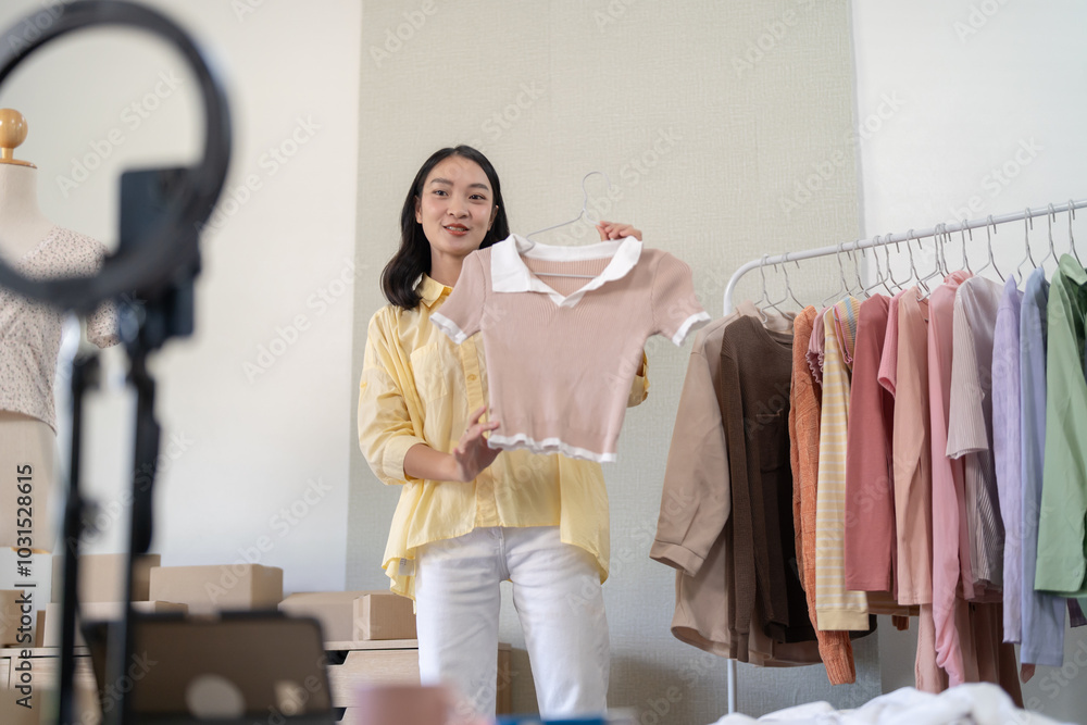 Asian Woman dressmaker working in fashion studio design and shipping an online order with woman sending package online consulting at clothing shop Asian Woman dressmaker working in fashion studio design and shipping an online order with woman sending package online consulting at clothing shop