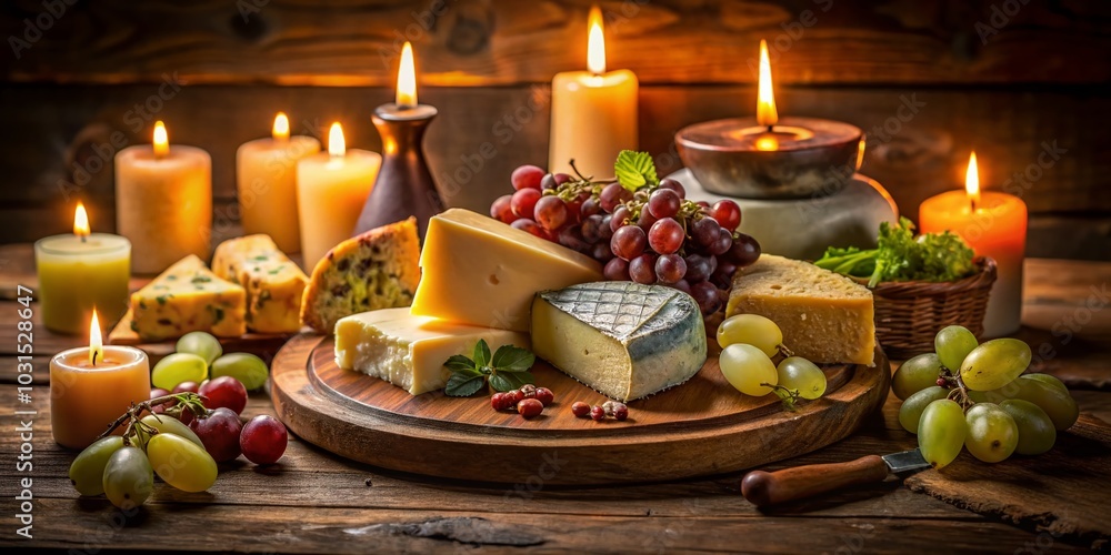Obraz premium Night Photography of a Rustic Cheese Platter with Grapes and Bread for Elegant Dining Decor