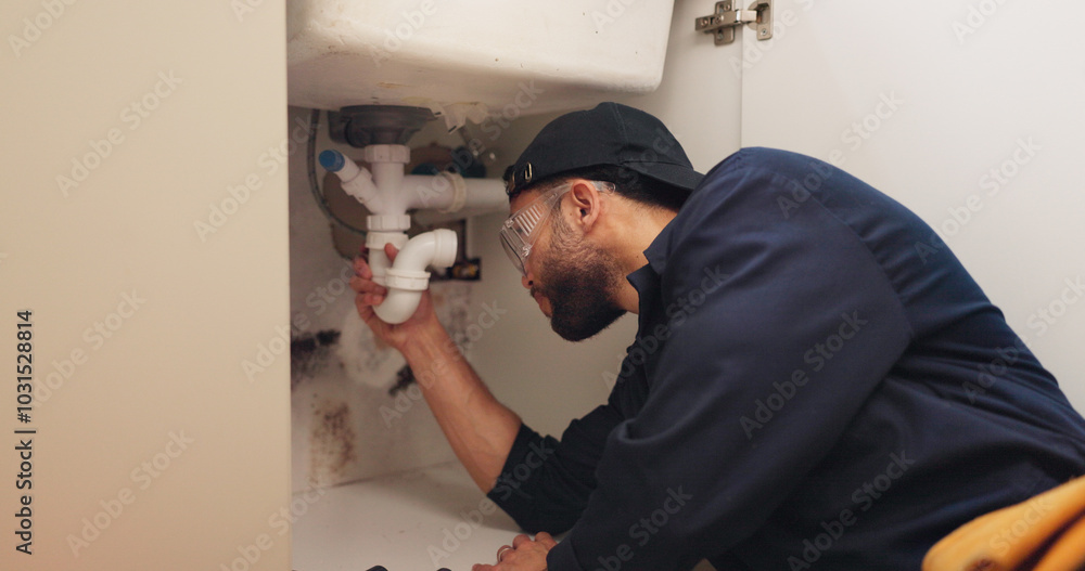 Plumber, man and pipeline installation in kitchen with safety for home maintenance or fixing leak by sink. Plumbing contractor, handyman or working on filter system repair for small business in house Plumber, man and pipeline installation in kitchen with safety for home maintenance or fixing leak by sink. Plumbing contractor, handyman or working on filter system repair for small business in house