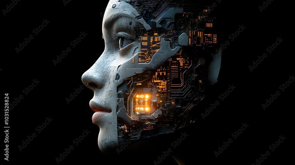 A human face fused with digital circuitry, half organic, half robotic, illuminated with futuristic light, blending AI technology seamlessly A human face fused with digital circuitry, half organic, half robotic, illuminated with futuristic light, blending AI technology seamlessly
