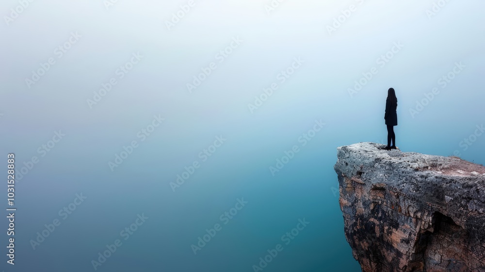 Solitary Figure on Cliff Overlooking Foggy Landscape Solitary Figure on Cliff Overlooking Foggy Landscape