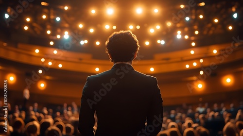 A speaker in formal attire addressing a large conference audience, back view, illuminated by soft stage lighting, dynamic atmosphere, corporate event setting