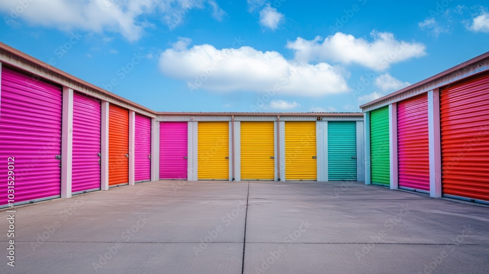 Fototapeta premium Colorful storage units representing climate controlled storage solutions. Facility with rental space
