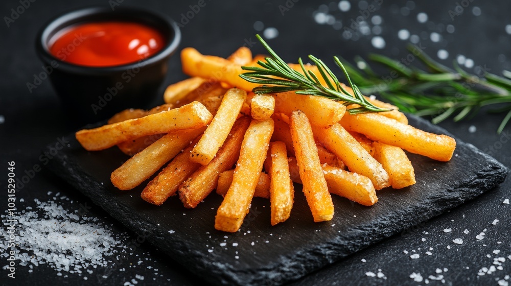 Irresistible Crispy Golden French Fries Deliciously Seasoned Snack with Herbs and Ketchup - Perfectly Cooked Comfort Food Photography Irresistible Crispy Golden French Fries Deliciously Seasoned Snack with Herbs and Ketchup - Perfectly Cooked Comfort Food Photography