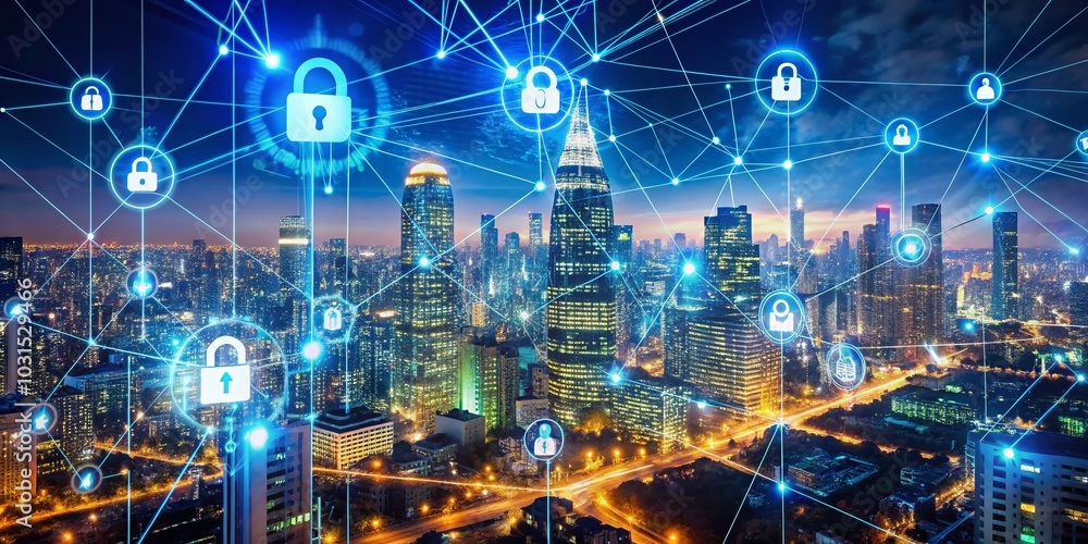 Obraz premium Night Photography of Blockchain Technology Encryption with Digital Effects and Cybersecurity Elements