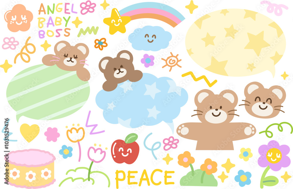 Cute illustrations of teddy bear, cake, text bubbles, flowers, angel baby boss letters, apple, rainbow for cartoon, animal print, zoo, souvenir shop, sweet dessert, floral, blossom elements, sticker Cute illustrations of teddy bear, cake, text bubbles, flowers, angel baby boss letters, apple, rainbow for cartoon, animal print, zoo, souvenir shop, sweet dessert, floral, blossom elements, sticker