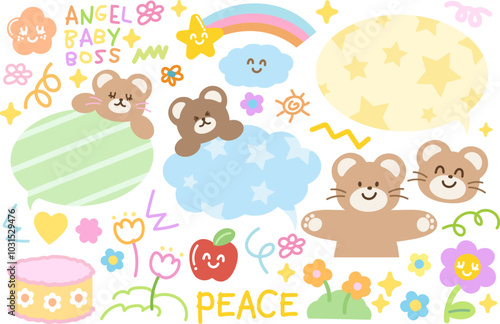 Cute illustrations of teddy bear, cake, text bubbles, flowers, angel baby boss letters, apple, rainbow for cartoon, animal print, zoo, souvenir shop, sweet dessert, floral, blossom elements, sticker