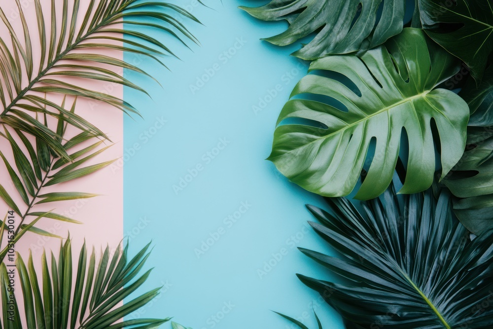 Fototapeta premium Tropical Leaves on Blue and Pink Background