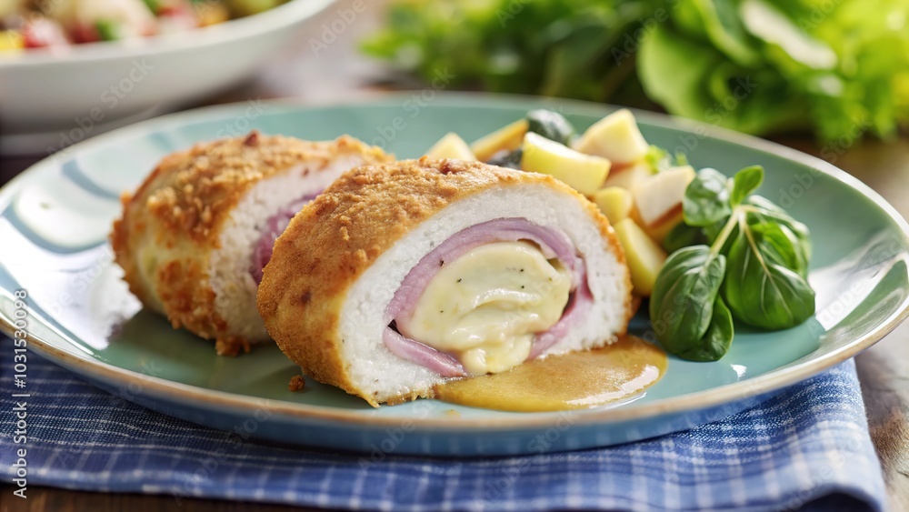 Delicious chicken cordon bleu served with fresh salad and apples on a vibrant blue plate during a summer dinner Delicious chicken cordon bleu served with fresh salad and apples on a vibrant blue plate during a summer dinner