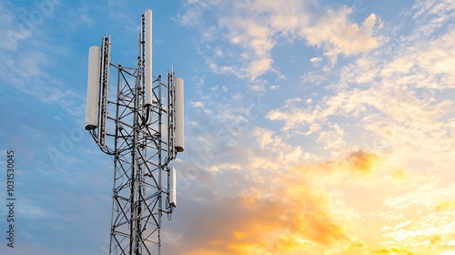 Telecommunication tower illuminated by sunset sky a stunning display of technology and nature's beauty photo