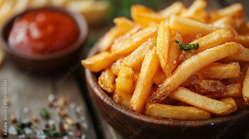 Irresistible Crispy Golden French Fries Deliciously Seasoned Snack with Herbs and Ketchup - Perfectly Cooked Comfort Food Photography Irresistible Crispy Golden French Fries Deliciously Seasoned Snack with Herbs and Ketchup - Perfectly Cooked Comfort Food Photography