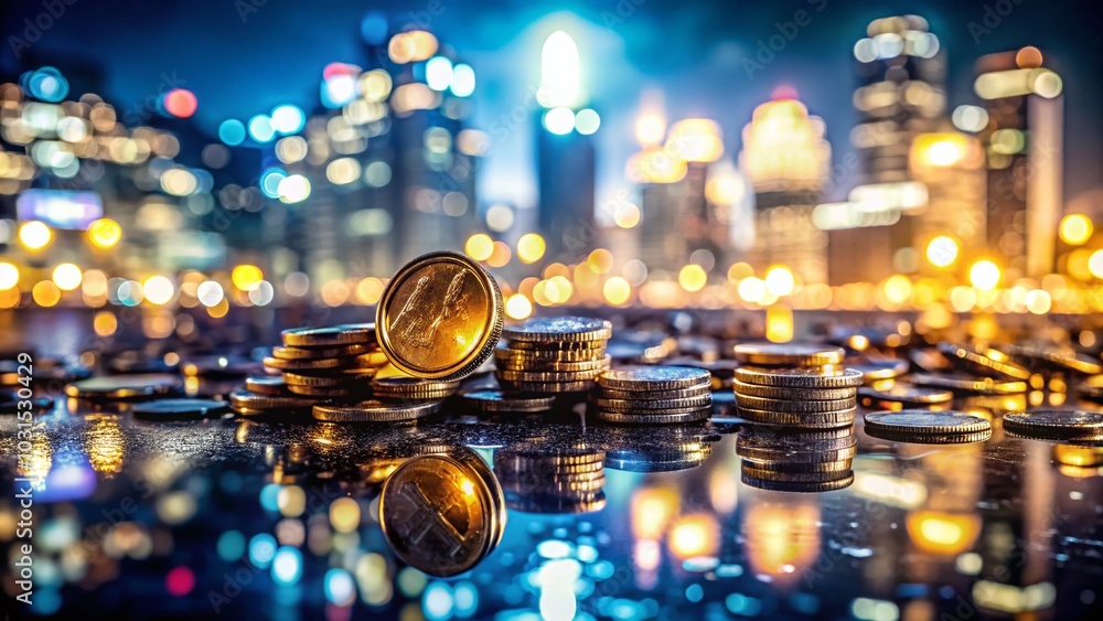 Night Photography of Glimmering Coins and Banknotes with Urban Backdrop Night Photography of Glimmering Coins and Banknotes with Urban Backdrop