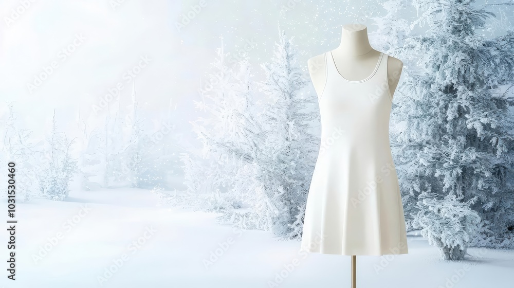 Minimalist tank dress mockup draped on a mannequin, surrounded by sparkling frost, snow-covered trees in a winter wonderland setting