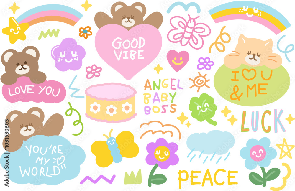 Cute illustrations of teddy bear, cat, butterfly, good vibe text, rainbow, heart, cake, flowers, clover leaf for cartoon characters, animals, blossom elements, floral print, patches, zoo, brooch, icon Cute illustrations of teddy bear, cat, butterfly, good vibe text, rainbow, heart, cake, flowers, clover leaf for cartoon characters, animals, blossom elements, floral print, patches, zoo, brooch, icon