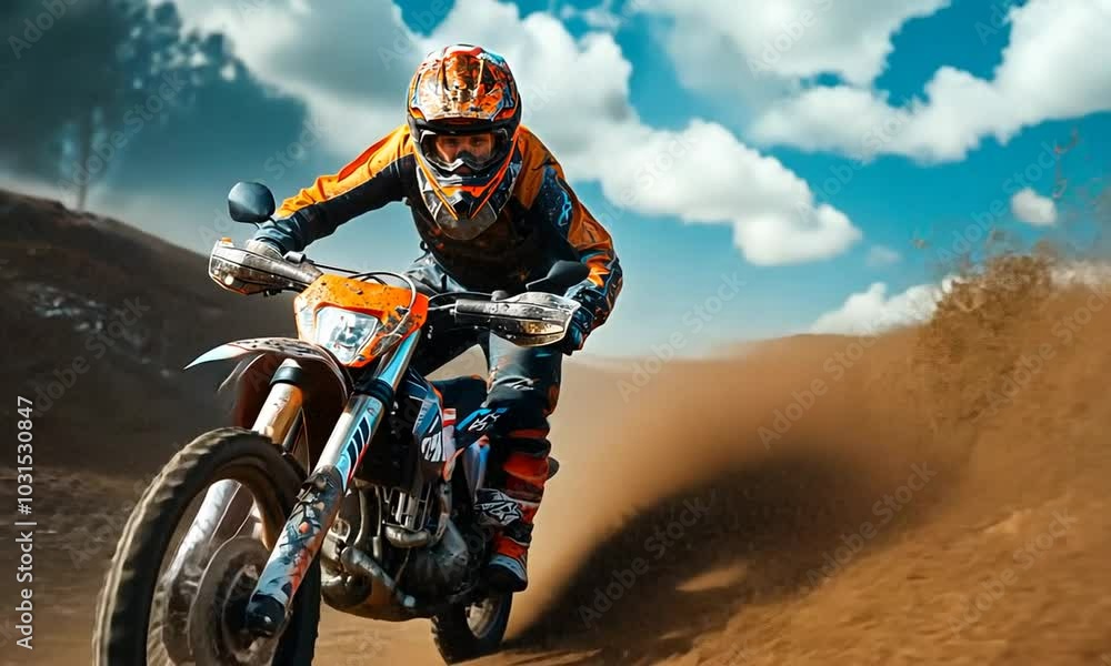 Thrilling motocross race through rugged terrain in the mountains during a sunny afternoon Thrilling motocross race through rugged terrain in the mountains during a sunny afternoon