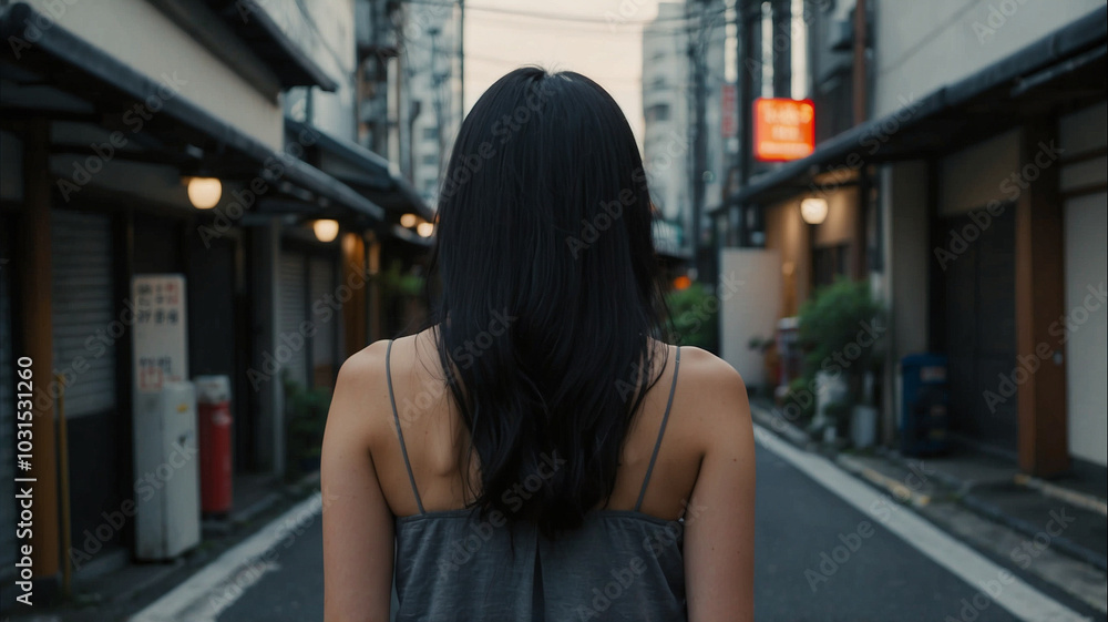 通りを歩くキャミソールを着たロングヘアの女性の後ろ姿 通りを歩くキャミソールを着たロングヘアの女性の後ろ姿