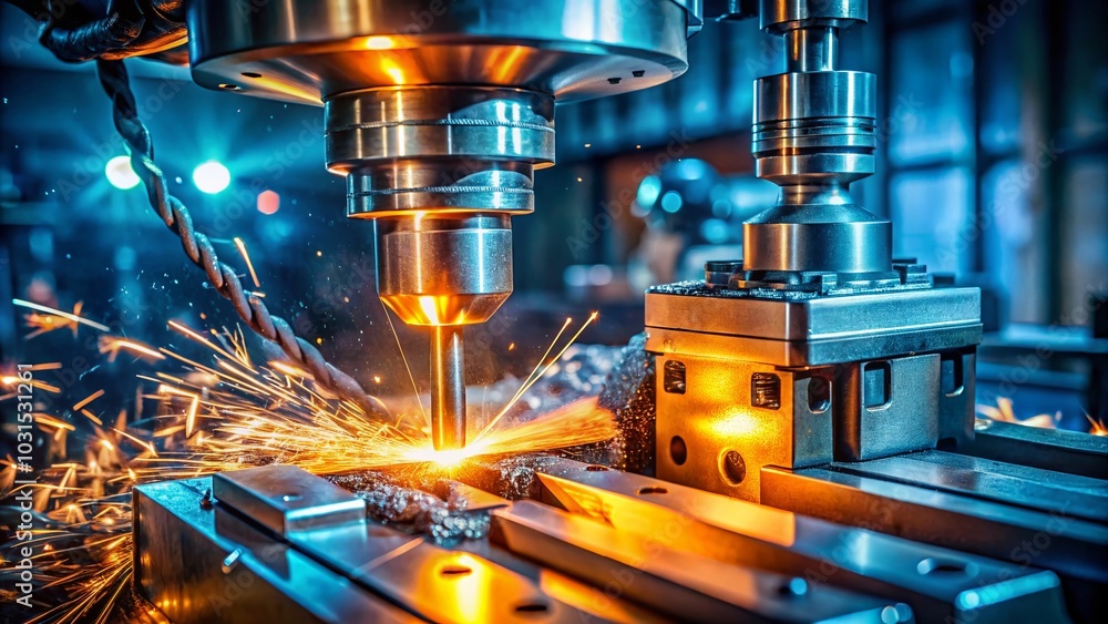 Night Photography of Metalworking: End Milling Cutter in Action on a Universal Vertical Milling Machine Night Photography of Metalworking: End Milling Cutter in Action on a Universal Vertical Milling Machine