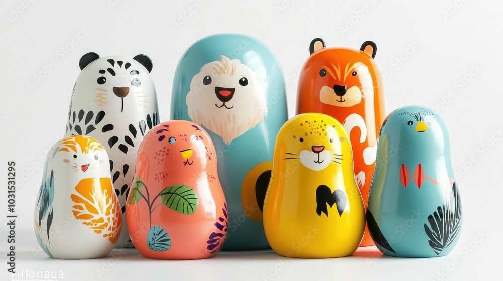 A set of colorful and playful nesting dolls with an animal theme designed for babies and kids The dolls feature a vibrant modern color palette and rounded A set of colorful and playful nesting dolls with an animal theme designed for babies and kids The dolls feature a vibrant modern color palette and rounded