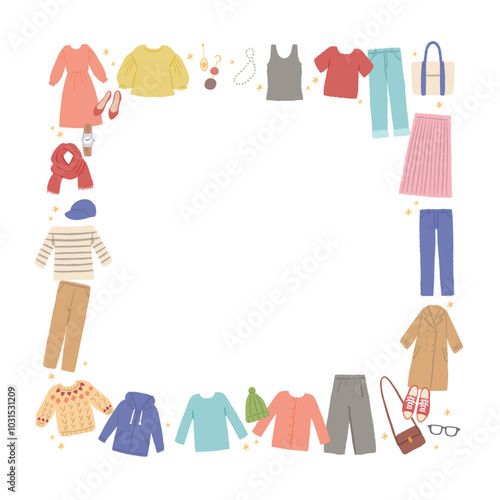 いろんな洋服・ファッションアイテムのイラストのフレーム