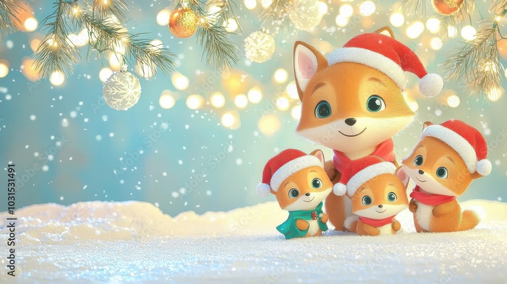 Fox and cubs in Santa hats, playing in the snow under Christmas lights, cute cartoon 3D illustration Fox and cubs in Santa hats, playing in the snow under Christmas lights, cute cartoon 3D illustration