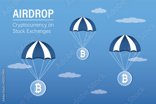 Bitcoin cryptocurrency airdrop concept. Free giveaway and contest promotion crypto coins. Crypto currency technology, exchange. Coins falling from the sky in parachute.