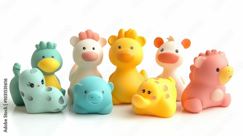 A vibrant and whimsical collection of soft rubber animal figurines in a playful bath toy set including ducks cats cows hippos and chickens isolated on a clean white background These colorful A vibrant and whimsical collection of soft rubber animal figurines in a playful bath toy set including ducks cats cows hippos and chickens isolated on a clean white background These colorful