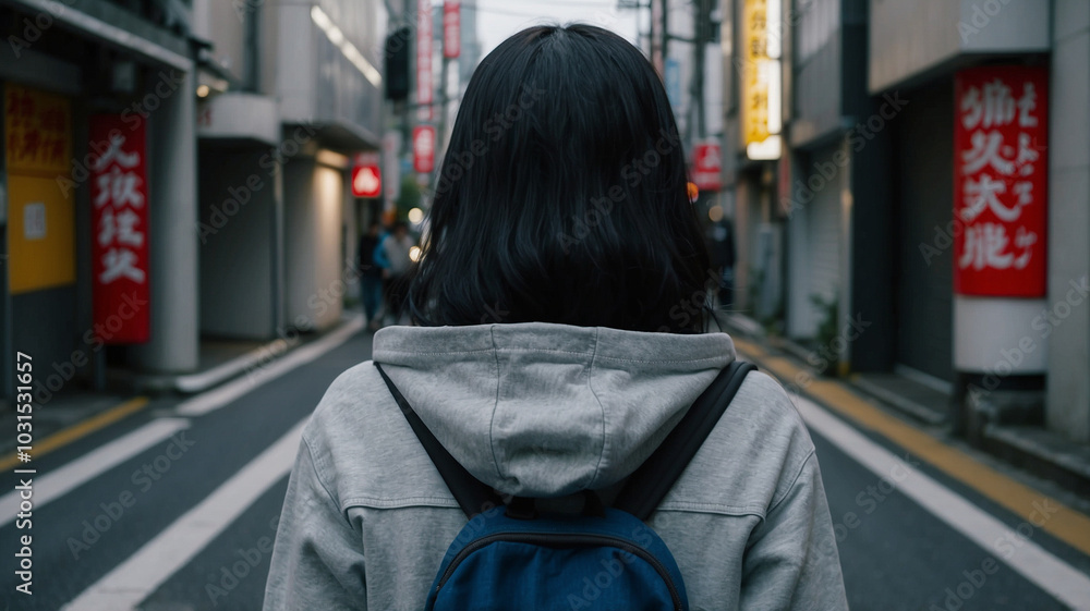 Fototapeta premium 通りを歩くリュックを背負った女性の後ろ姿