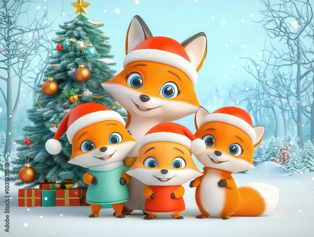 Fox family wearing Santa hats, gathered around a Christmas tree, snowy forest, cute cartoon 3D illustration Fox family wearing Santa hats, gathered around a Christmas tree, snowy forest, cute cartoon 3D illustration