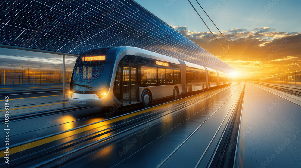 futuristic electric bus station featuring sleek electric bus under solar panel canopy, illuminated by stunning sunset. scene conveys innovation and sustainability futuristic electric bus station featuring sleek electric bus under solar panel canopy, illuminated by stunning sunset. scene conveys innovation and sustainability