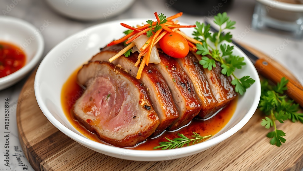 Delicious baked pork belly served with sauce and parsley Delicious baked pork belly served with sauce and parsley