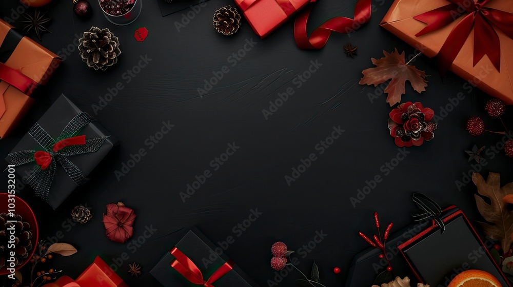 Obraz premium Flat lay black friday elements on black background with copy space, Black Friday