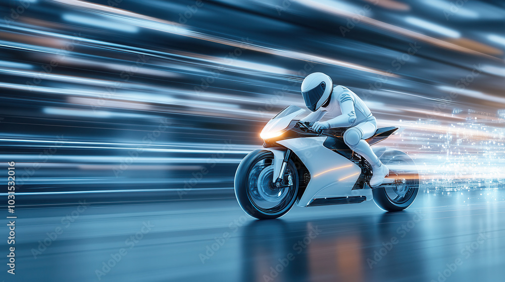 Fototapeta premium Futuristic electric motorcycle with bold streamlined design, speeding through high tech environment, showcasing innovation and advanced technology