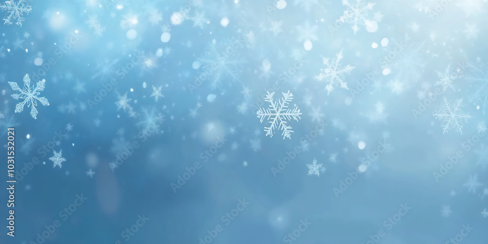 Delicate snowflakes gently falling against a soft blue gradient background, evoking the peaceful beauty and serenity of winter Delicate snowflakes gently falling against a soft blue gradient background, evoking the peaceful beauty and serenity of winter