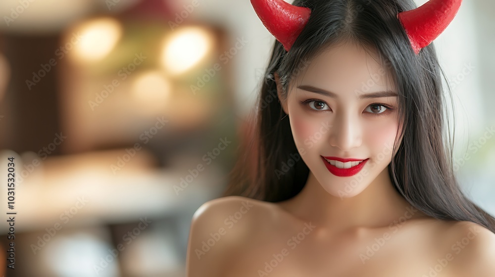 Enchanting devilish charm a captivating portrait blending beauty and playful mischief in a modern setting Enchanting devilish charm a captivating portrait blending beauty and playful mischief in a modern setting