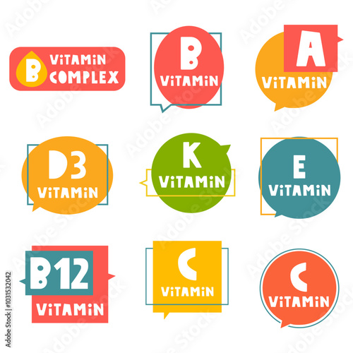 Vitamins C, B, A, E, B-12, D3. Colorful modern badges. Healthy organic concept. Illustrations on white background.