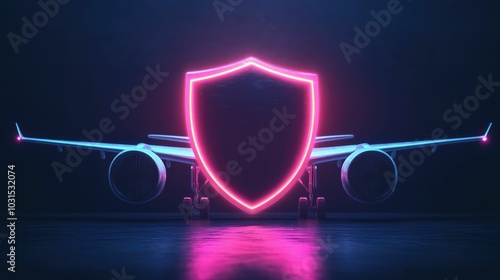 Glowing Shield Hovering Over Airplane on Dark Background Symbolizing Travel Insurance Coverage and Protection for Flights and Journeys