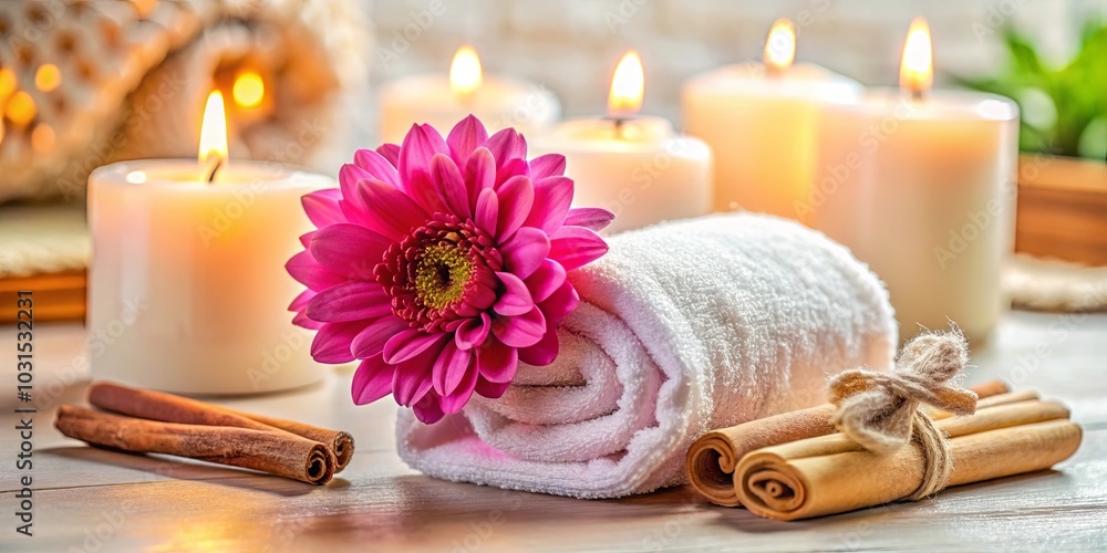 Aromatic Candles, Rolled Towel, and a Pink Flower, A Spa Setting with Cinnamon Sticks and a Warm Ambiance Aromatic Candles, Rolled Towel, and a Pink Flower, A Spa Setting with Cinnamon Sticks and a Warm Ambiance