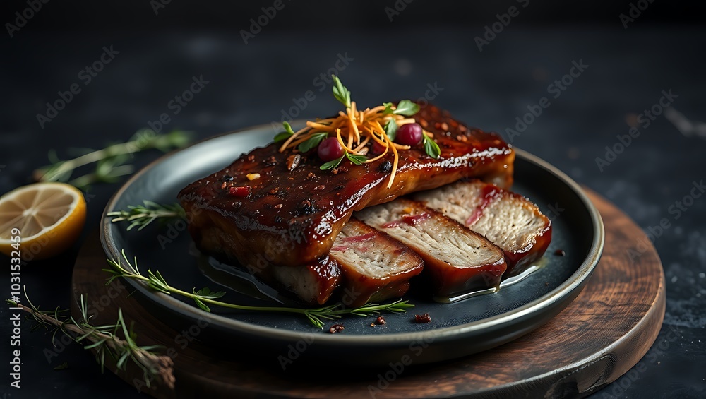 Delicious baked pork belly served with sauce and parsley Delicious baked pork belly served with sauce and parsley