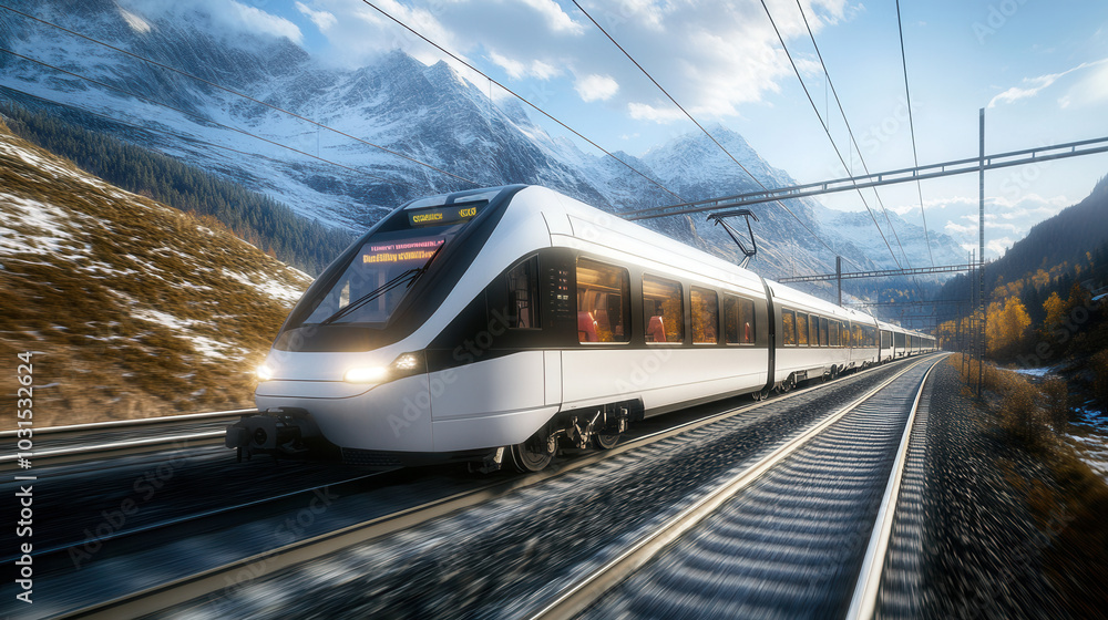 Naklejka premium high speed electric train gliding through mountainous landscape, showcasing beauty of nature and modern transportation. scene captures essence of travel and adventure