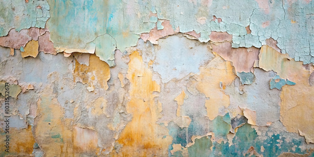Fototapeta premium A textured wall, revealing a history of layers, with shades of blue, yellow, and pink peeling away, showcasing the passage of time and the resilience of the underlying surface.