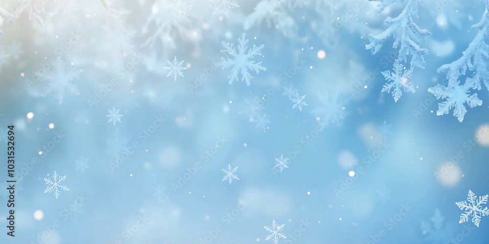 Delicate snowflakes gently falling against a soft blue gradient background, evoking the peaceful beauty and serenity of winter Delicate snowflakes gently falling against a soft blue gradient background, evoking the peaceful beauty and serenity of winter