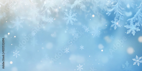 Delicate snowflakes gently falling against a soft blue gradient background, evoking the peaceful beauty and serenity of winter